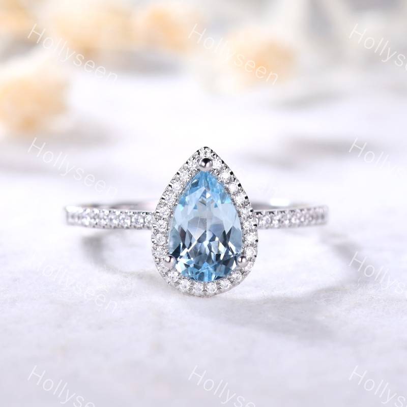Aquamarin Verlobungsring Cz Diamant Halo Sterling Silber Ring Weiß Gold Halbe Ewigkeit Ehering Jahrestag Geschenk Frauen von Hollyseen