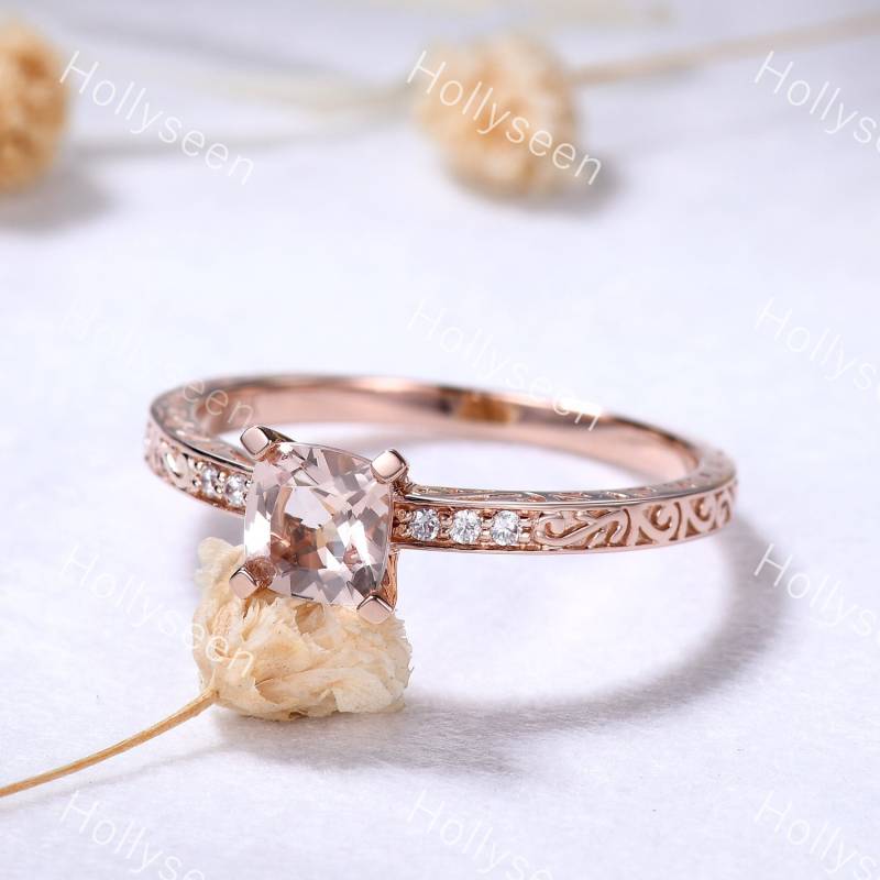 Art-Deco-Kissenschliff Morganit Verlobungsring 14K Rose Gold Vintage Filigran Solitär Ring Retro Versprechen Jubiläumsring Für Frauen von Hollyseen