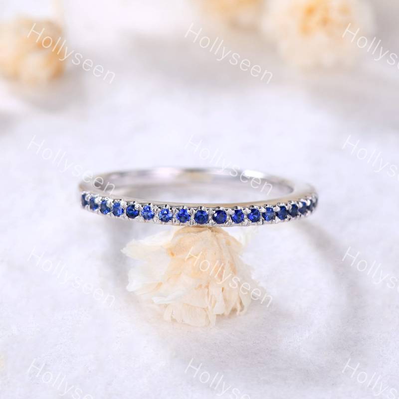 Blauer Saphir Ehering Weißgold Verlobungsring Stapelring Dünner Sterling Silber Versprechen Ring Jahrestag Geschenk von Hollyseen
