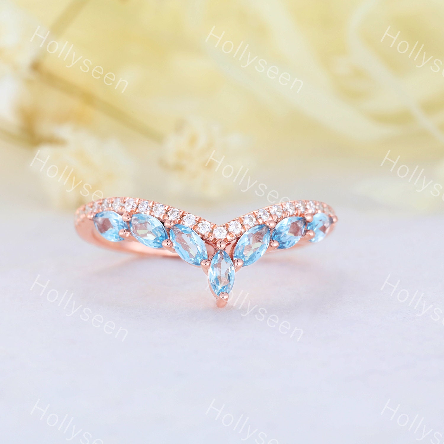 Blautopas Rose Gold Ehering Topas Verlobungsring Geschwungen Vintage Art Deco Stapelbar Passendes Band Für Frauen Statement Braut Geschenk von Hollyseen