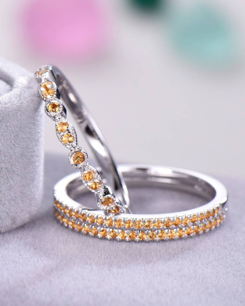 Citrin Ehering Set 14K Weißgold Sterling Silber Halbe Ewigkeit Brautring Marquise Milgrain Pave Stapelring von Hollyseen
