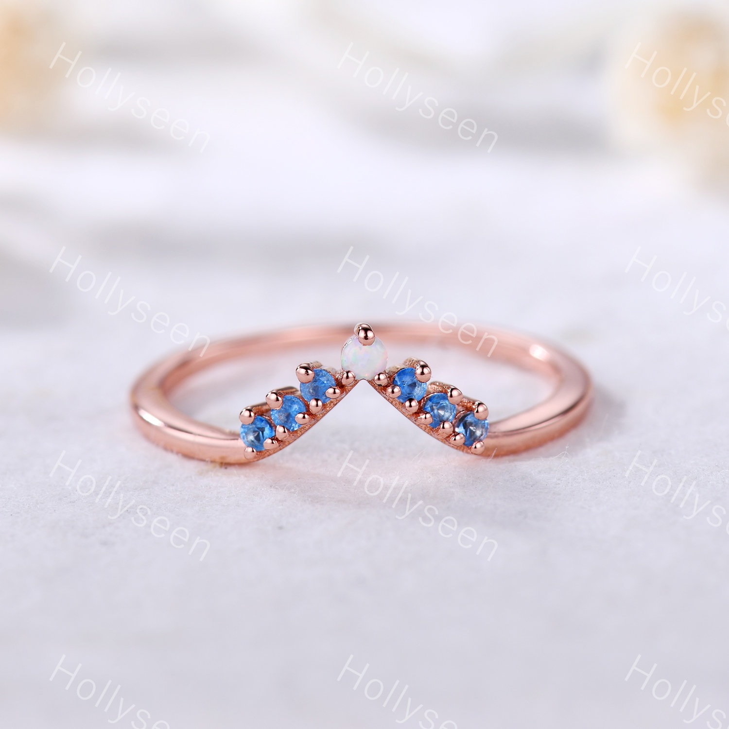 Curve Opal Blautopas Rose Gold Ehering Chevron Verlobungsring Silber 14K V Form Braut Statement Stapelring von Hollyseen