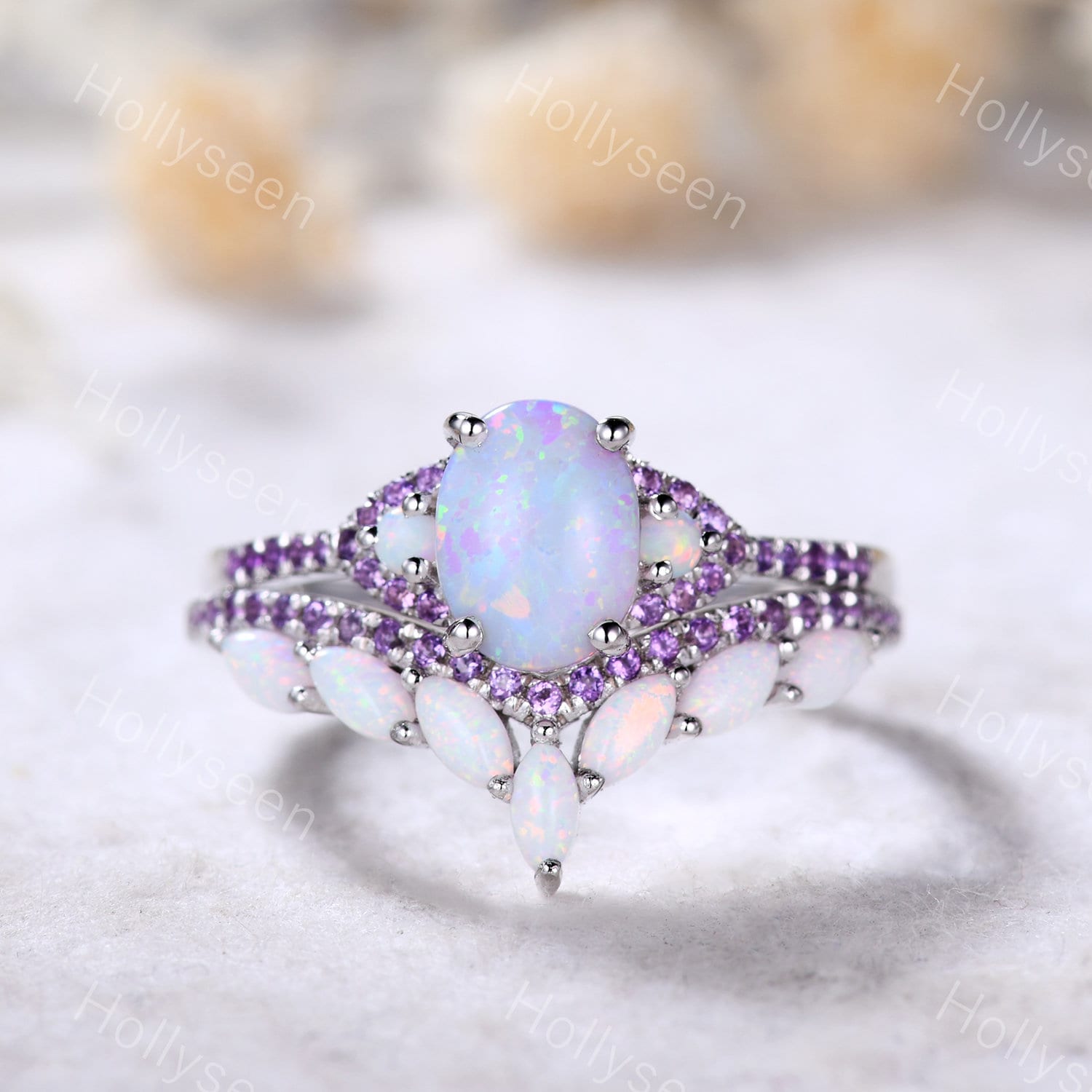 Feueropal Verlobungsring Set Amethyst Ring Sterling Silber Opal Unikat Vintage Marquise Stapelring Für Frauen von Hollyseen