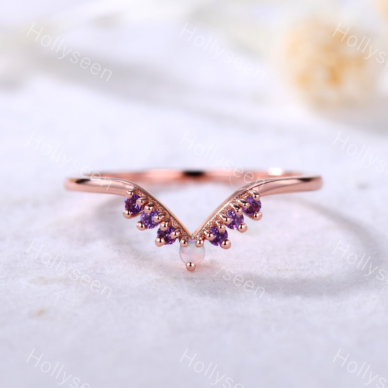 Geschwungener Opal Amethyst Ehering Vintage Roségold Verlobungsring Zierliche Edelstein Stapelring Sterling Silber Frauen Versprechen Ring Geschenk von Hollyseen