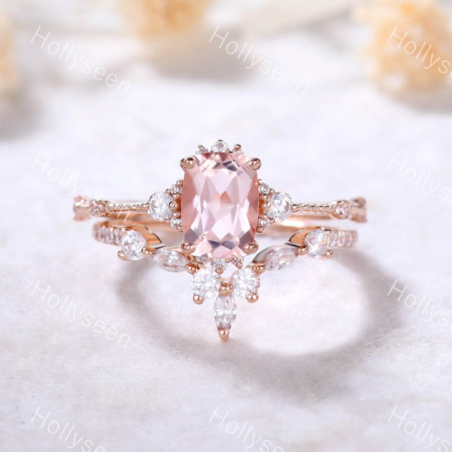 Kissen Geschnitten Morganit Verlobungsring Set Rosegold Rosa Ehering Moissanit Gewölbt Band Frauen Braut Silber von Hollyseen