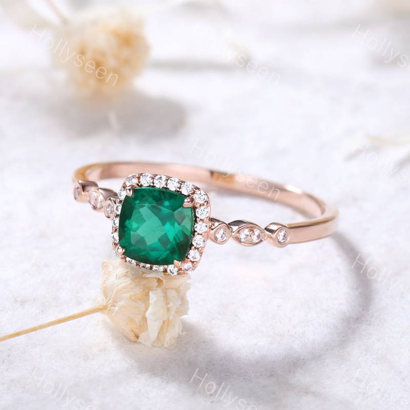 Kissenschliff Smaragd Verlobungsring Rosegold Ehering Halo Ring Antik Sterling Silber von Hollyseen