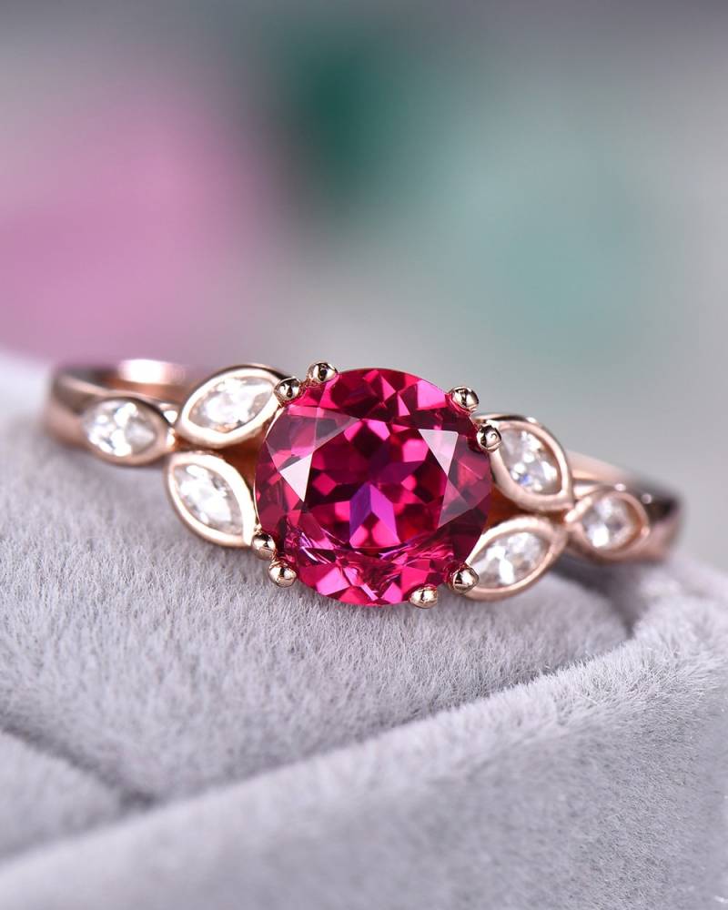Lab Created Red Ruby Verlobungsring 925 Sterling Silber Rose Gold 14K Blatt Marquise Cz Diamant Juli Geburtsstein Jahrestag Geschenk Für Sie Set von Hollyseen