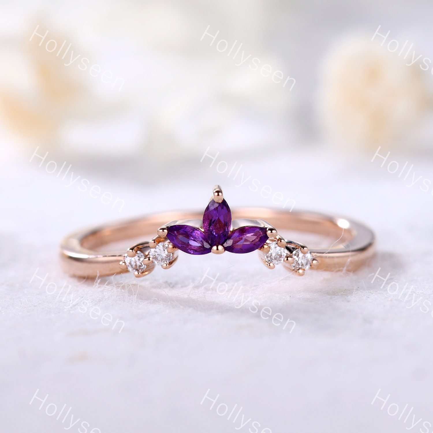 Marquise Amethyst Ehering Rose Gold Moissanit Band Unikat Ring Geschwungener Wikinger Vintage Zierlicher Für Sie von Hollyseen