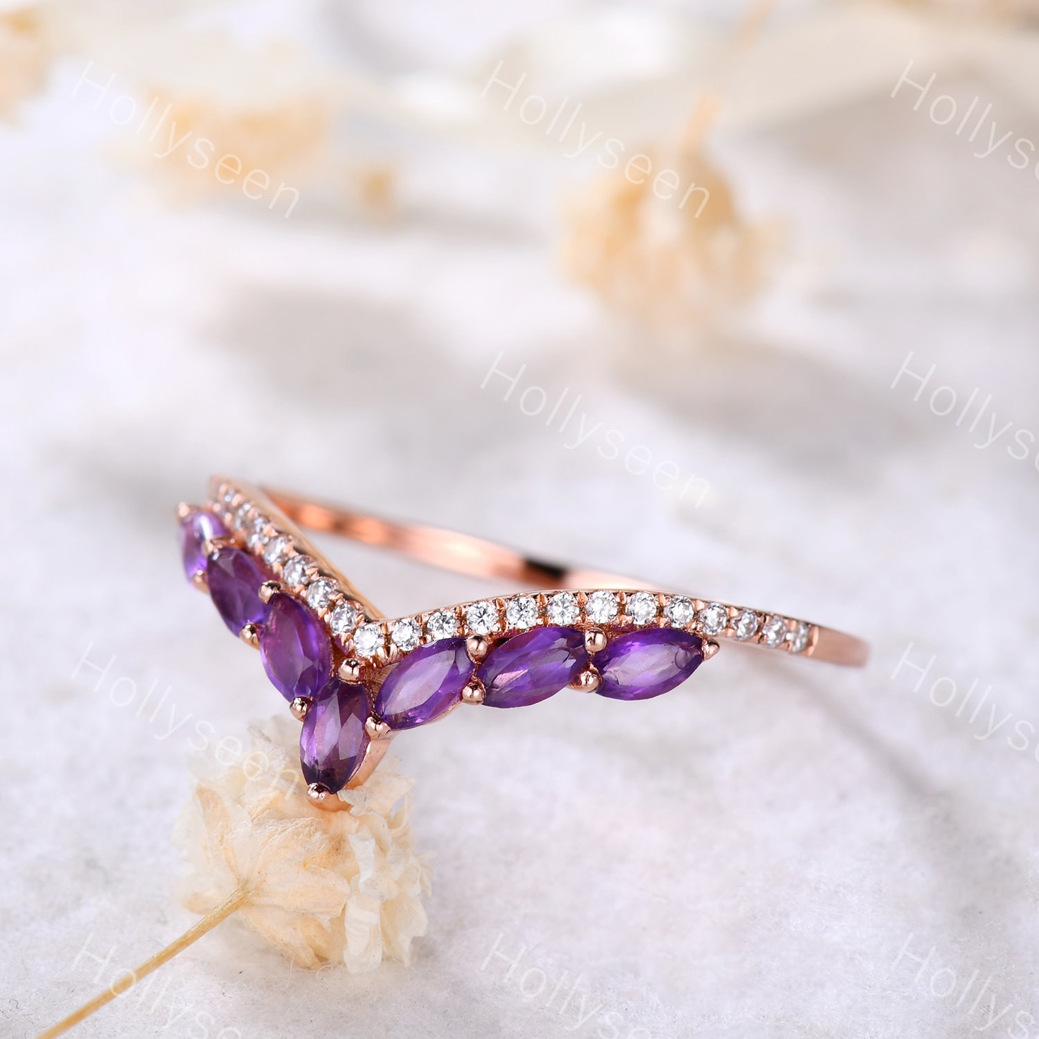 Marquise Amethyst Ehering Rose Gold Moissanit Geschwungener Stapelring Frauen Versprechen Ring Jahrestag von Hollyseen