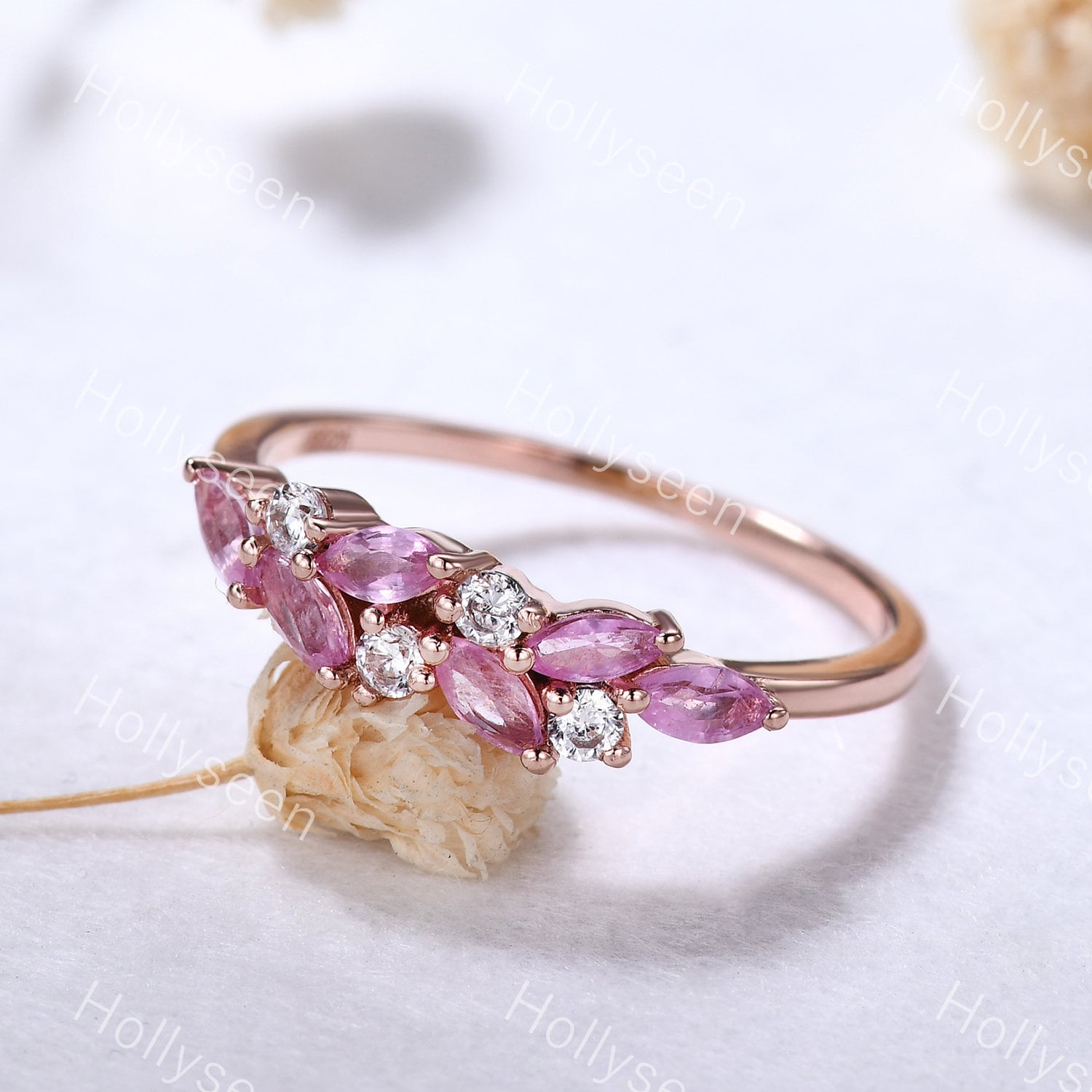 Marquise Pink Saphir Blatt Ring Vintage 14K Rose Gold Cluster Moissanite Zierliche Rosa Edelstein Schmuck Boho Einzigartiges Geschenk Für Frauen von Hollyseen