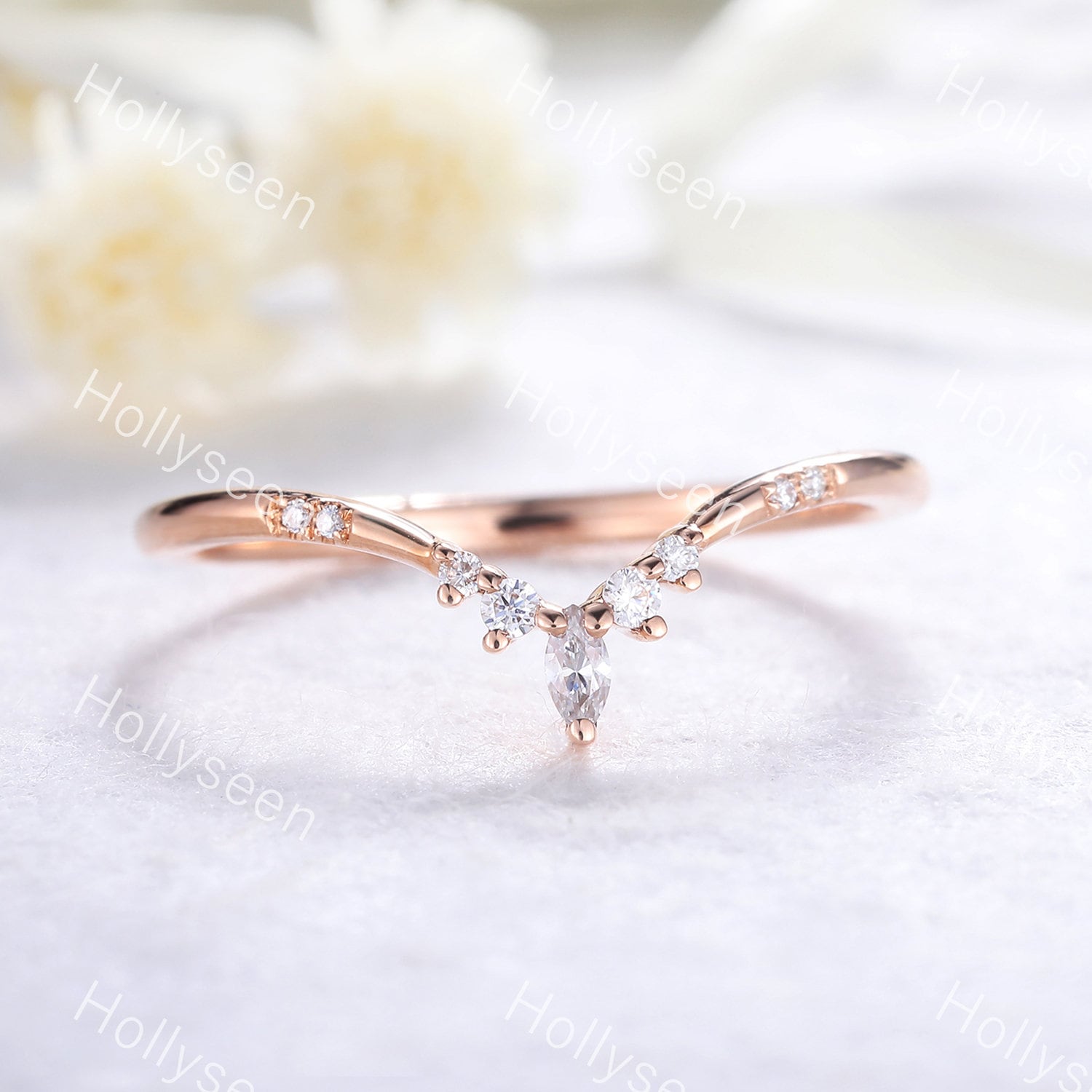 Moissanit Ehering Rose Gold Geschwungene Eheringe Stapelring Eternity Band Zierliche Marquise Ring Band von Hollyseen