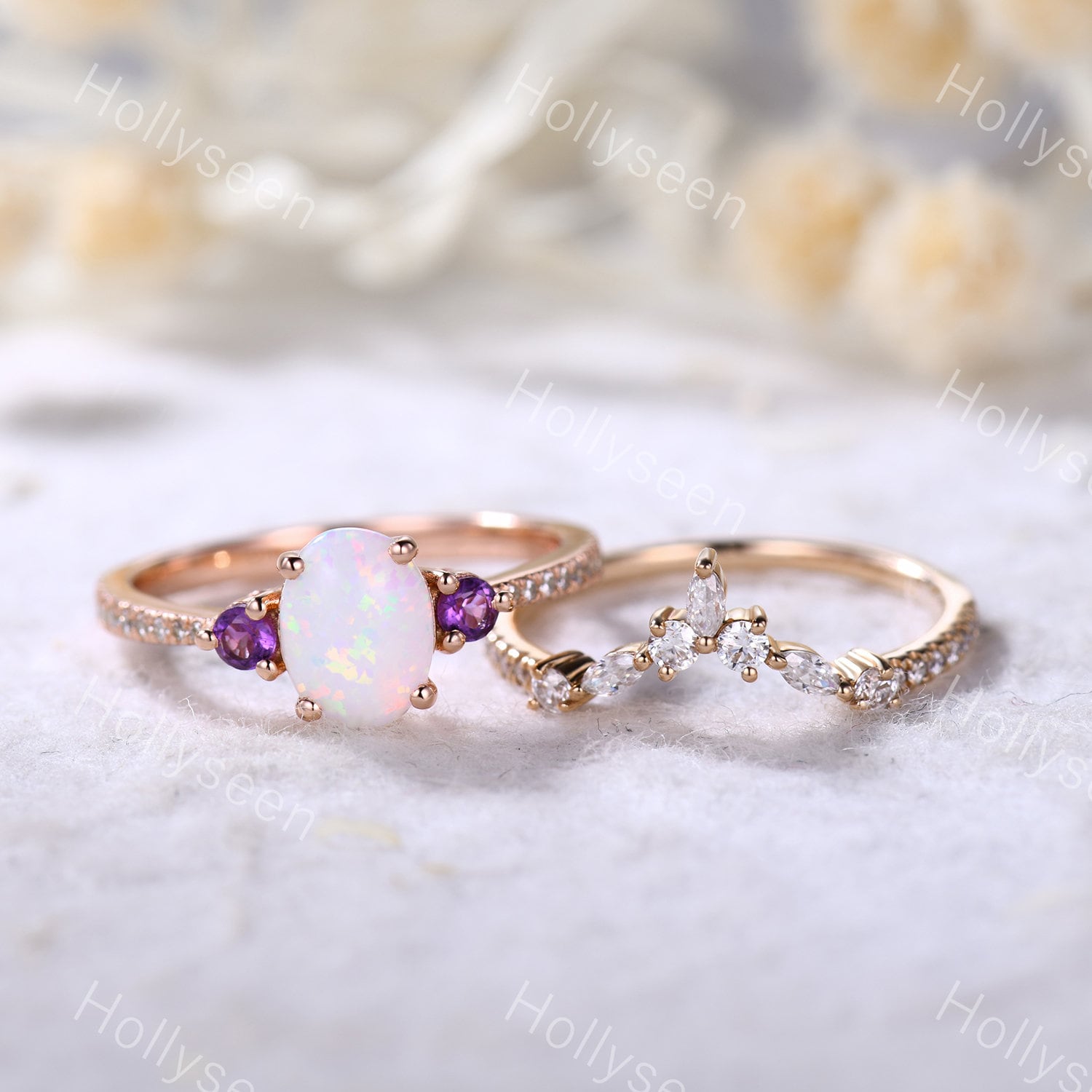 Opal Amethyst Ring Set Silber 14K Rosegold Feuer Braut Verlobungsring Eheringe Stapelbar Frauen Jahrestag Ringe Geschenk von Hollyseen