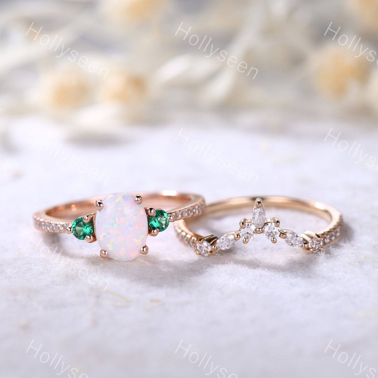 Opal Smaragd Ring Set Silber 14K Rosegold Feuer Braut Verlobungsring Eheringe Stapelbar Damen Jahrestag Ringe Geschenk von Hollyseen