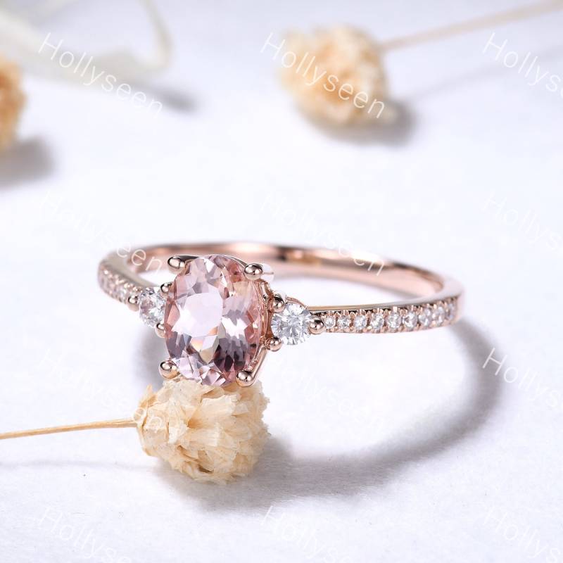 Oval Morganit 3 Stein Verlobungsring 14K Rosegold Natürliche Rosa Diamant Ring Vintage Hochzeit Brautring Frauen Versprechen von Hollyseen