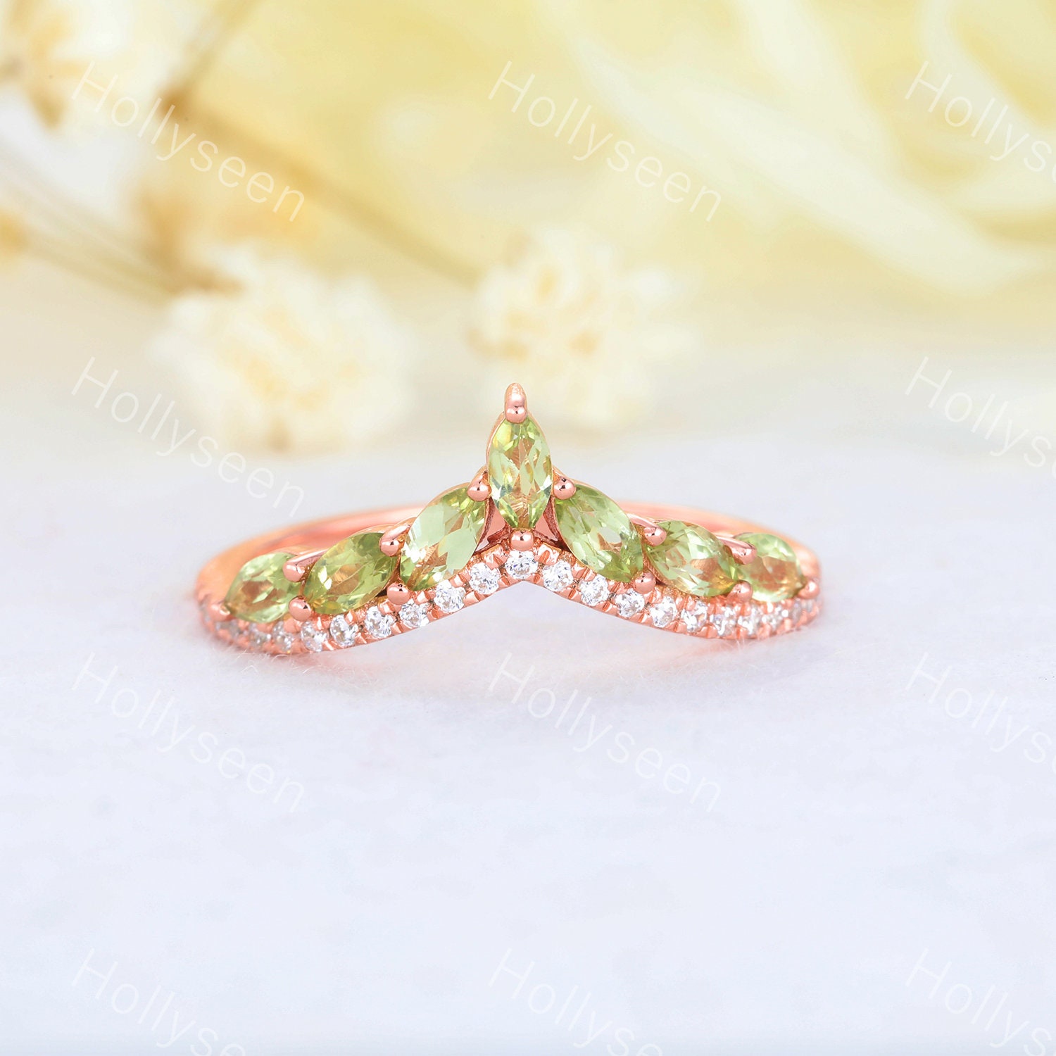 Peridot Rose Gold Ehering Grüner Edelstein Verlobungsring Kurve Vintage Art Deco Stapelbar Passendes Band Für Frauen Statement Braut Geschenk von Hollyseen