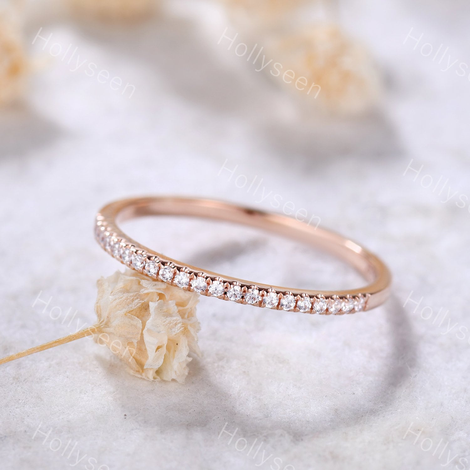 Rose Gold Moissanit Ehering Sterling Silber Ring Halbe Ewigkeit Band Zierlicher Dünner Versprechen Für Frauen von Hollyseen