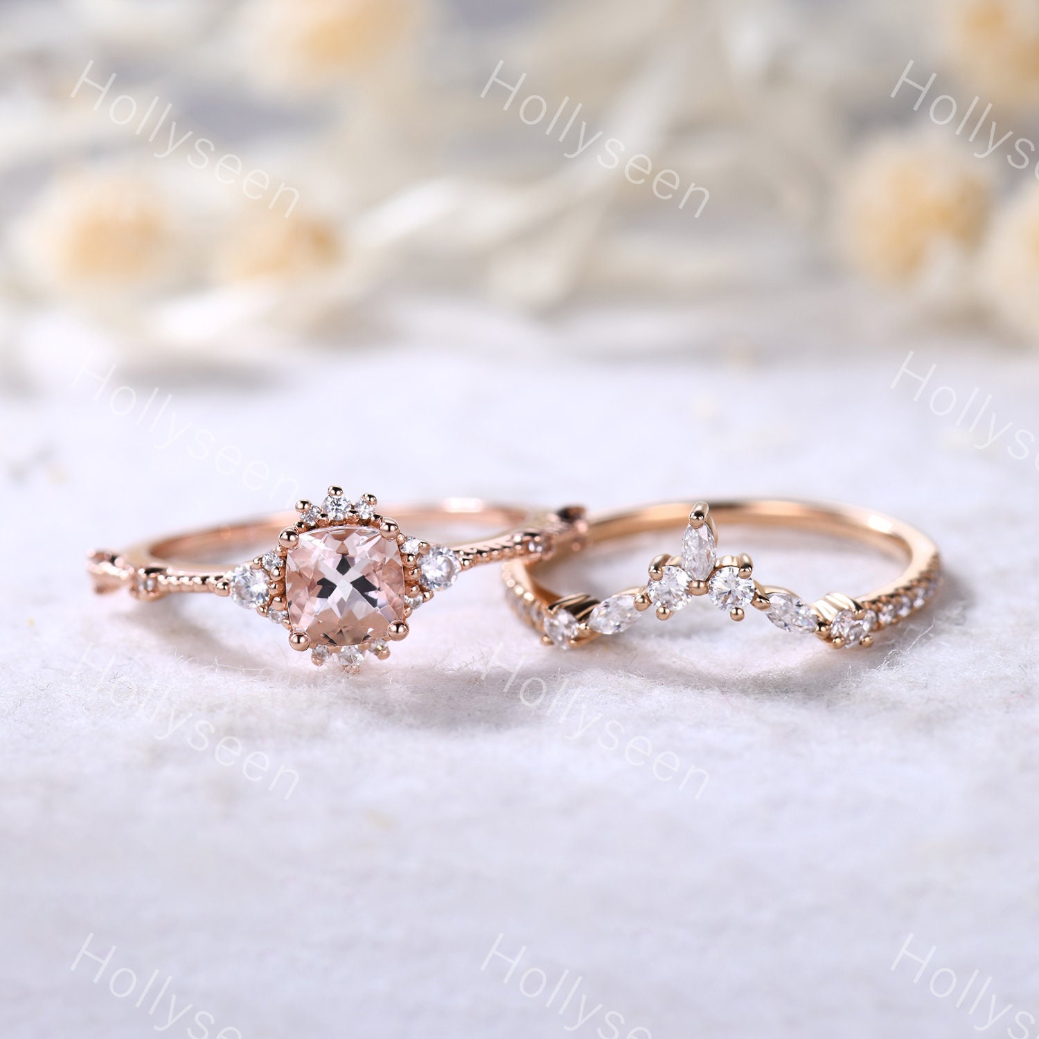 Rose Gold Zierliche Morganit Ringe Set Pink Verlobungsring Ehering Frauen Brautringe Zierliche Jahrestag Geschenk von Hollyseen