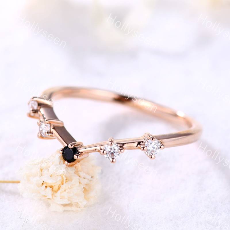 Schwarzer Onyx Cz Diamant Ring Silber 14K Rosegold Kurve Ehering Stapelbar Verlobungsring Frauen Passender Band Für Jahrestag Braut Set von Hollyseen