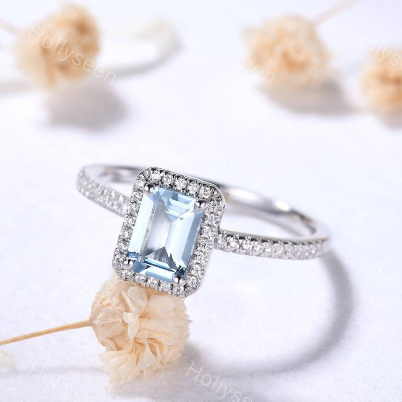 Smaragd Schliff Aquamarin Verlobungsring Weiß Gold Blau Ring Vintage März Geburtsstein Sterling Silber Frauen von Hollyseen