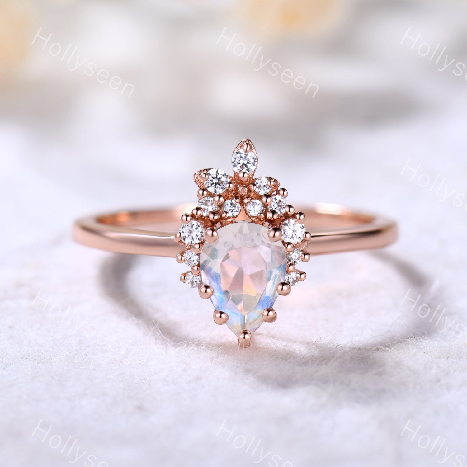 Tropfenförmiger Mondstein Ring Vintage Rose Gold Verlobungsring Art Deco Frauen Braut Jahrestag Für Sie von Hollyseen