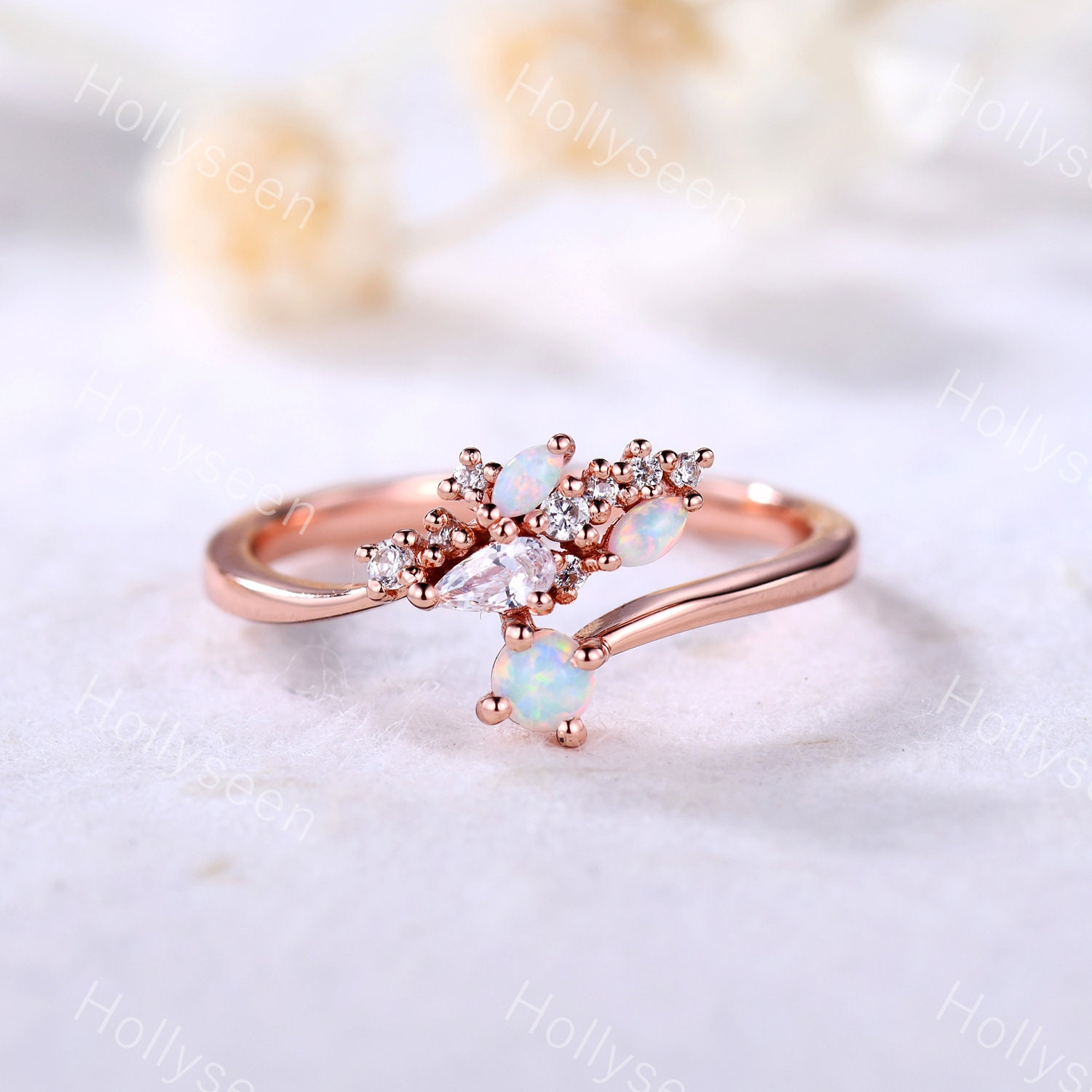 Vintage Opal Moissanit Verlobungsring Rose Gold Unikat Marquise Ring Art Deco Edelstein Zierlicher Für Frauen von Hollyseen