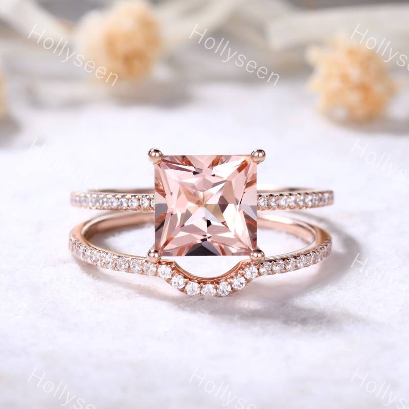 Vintage Princess Cut Morganit Verlobungsring Set Rose Gold Rosa Ehering Zierliche Brautring Frauen Versprechen Ring von Hollyseen