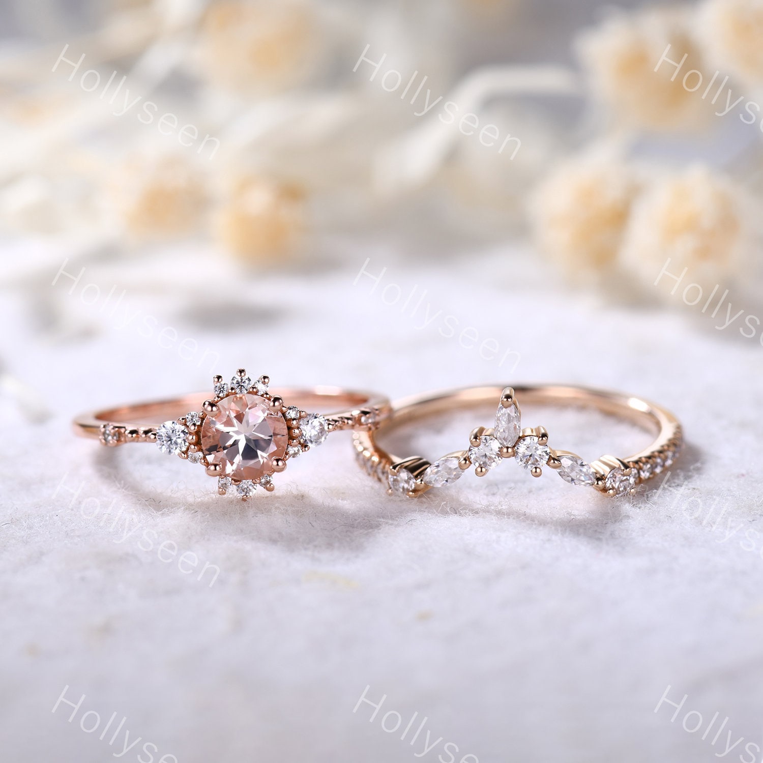 Zierliche Rosa Morganit Ringe Set Rose Gold Natur Braut Verlobungsring Eheringe Stapelbar Frauen Jahrestag Geschenk von Hollyseen