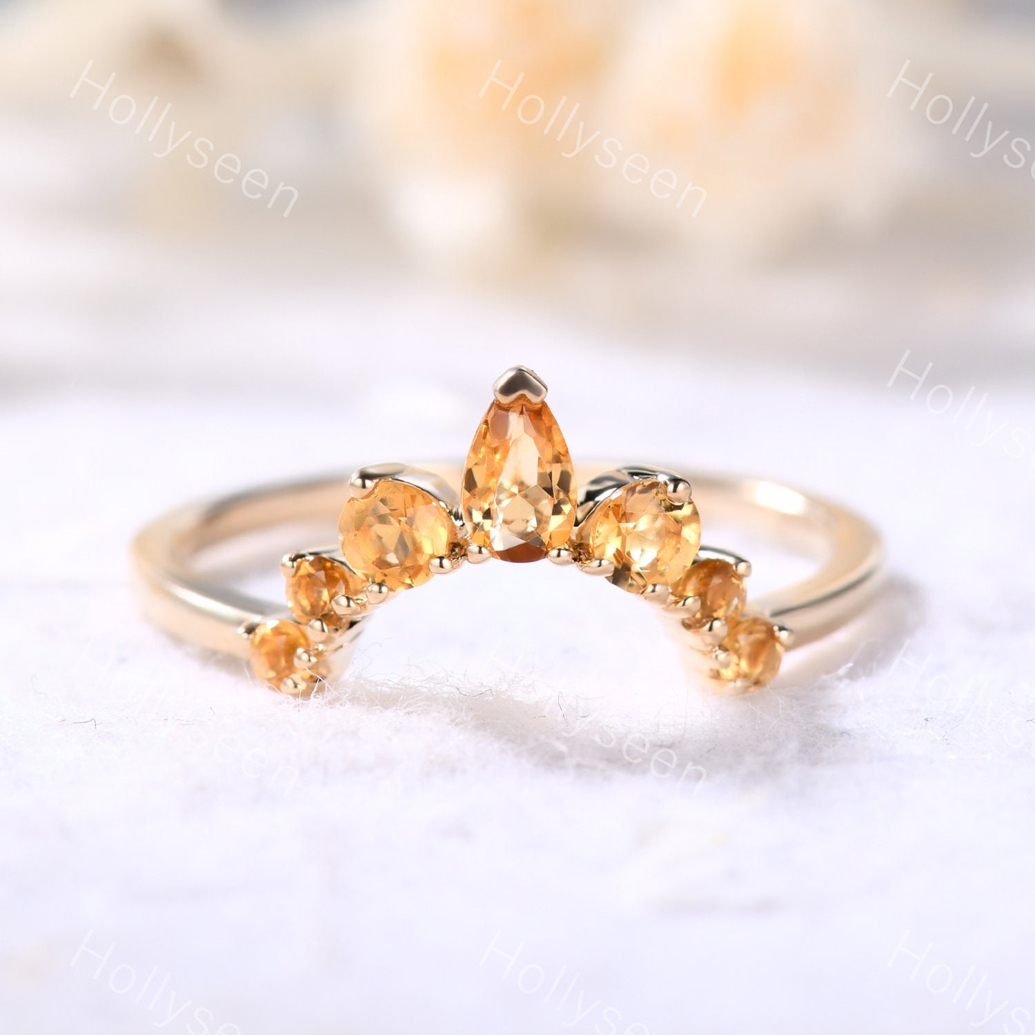 Zierlicher Citrin Ehering Sterling Silber Vintage 14K Gold Verlobungsring Unikat Frauen Passende Band Art Deco Versprechen Ring von Hollyseen