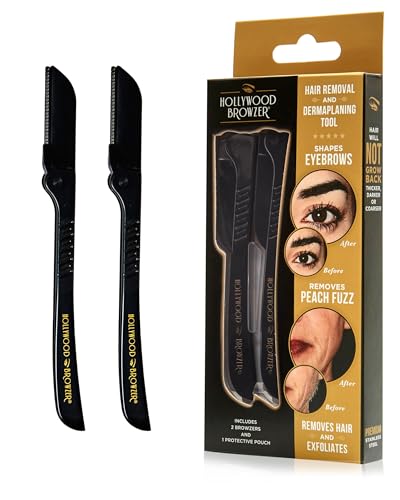 Hollywood Browzer 2er Set Gesichtshaarentferner Rasierer & Dermaplaning Tool für Damen, Augenbrauenrasierer, Peeling & Haarentfernung ohne Schmerzen, mit Schutzhülle (Duo Schwarz) von Hollywood Browzer