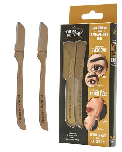 Hollywood Browzer 2er Set Gesichtshaarentferner Rasierer & Dermaplaning Tool für Damen, Augenbrauenrasierer, Peeling & Haarentfernung ohne Schmerzen, mit Schutzhülle (Duo gold) von Hollywood Browzer
