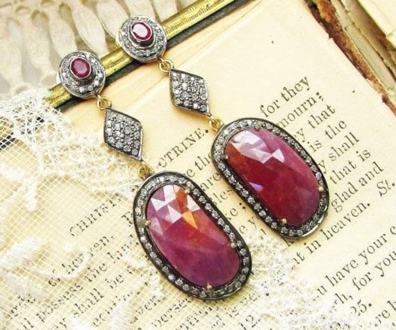 Evening Rose, Pink Sapphire & Cz Pave Diamonds Set in Gold Vermeil Over Sterling Silver Gemstone Post Earrings From Hollywood Hillbilly Evening Rose, Pink Sapphire & Cz Pave Diamonds Set in Gold Vermeil Over Sterling Silver Gemstone Post Earrings From Hollywood Hillbilly von HollywoodHillbilly