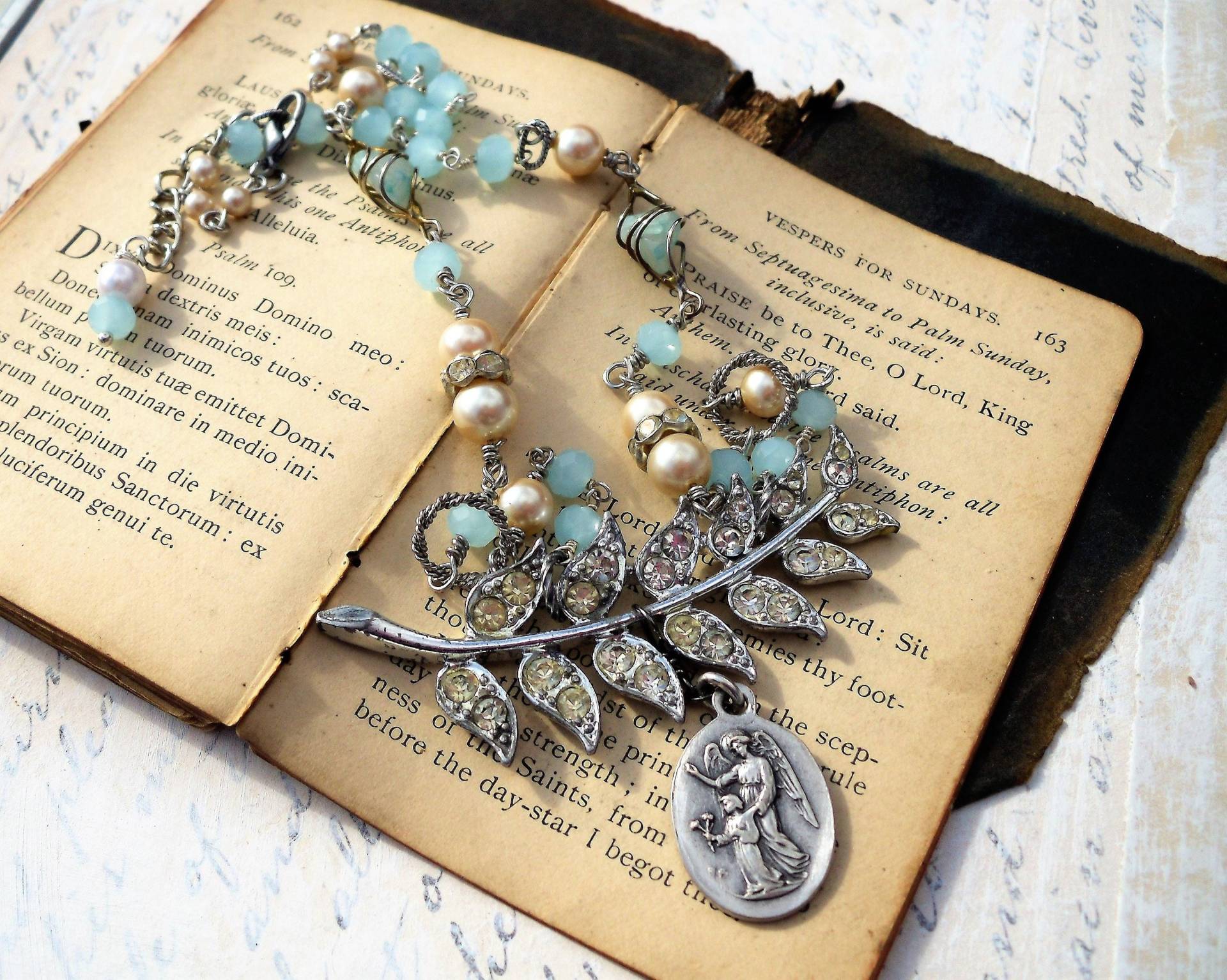 Watch Over Me, Vintage Angel Medallion & Rhinestone Leaf, Vintage Pearl Aqua Chalcedony Assemblage Necklace By Hollywood Hillbilly Watch Over Me, Vintage Angel Medallion & Rhinestone Leaf, Vintage Pearl Aqua Chalcedony Assemblage Necklace By Hollywood Hillbilly von HollywoodHillbilly