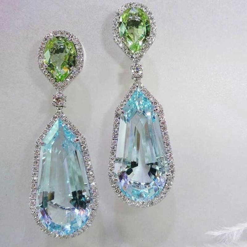 Erstaunliche Aquamarin Ohrringe Baumeln Und Tropfen Aqua Blau Grün Peridot Diamant 925 Sterling Silber von HollywoodStarJewels