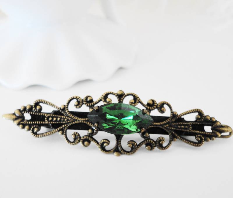 Smaragdgrüne Kristall Haarspange Vintage Bronze Filigree von Hollywoodbabe