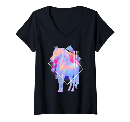 Damen Pferd Pastell Regenbogen Tier Retro Ästhetik T-Shirt mit V-Ausschnitt Damen Pferd Pastell Regenbogen Tier Retro Ästhetik T-Shirt mit V-Ausschnitt von HoloHorse
