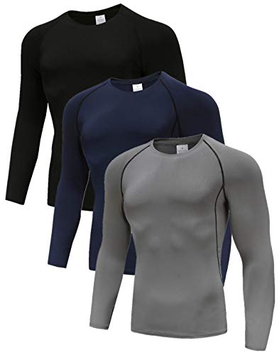 3 Pack Compression Shirts für Männer Langarm Herren Running Top Quick Dry Base Layer Tops für Gym Sport Fitness Workout Schwarz/Blau/Grau-2XL von Holure