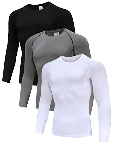 3 Pack Compression Shirts für Männer Langarm Herren Running Top Quick Dry Base Layer Tops für Gym Sport Fitness Workout Schwarz/Grau/Weiß-S von Holure