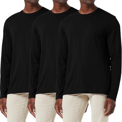 3-Pack Herren Baumwollhemd Loose Fit Langarm T-Shirt Feuchtigkeitsableitend Rundhalsshirts Komfort Casual Base Layer Tops Schwarz/Schwarz/Schwarz-3P04-2XL von Holure