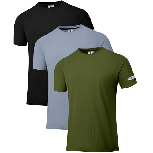 3 Pack Herren Workout Laufshirts UPF 50+ Sonnenschutz Rash Guard T-Shirts Quick Dry SPF UV Swim Short Sleeve Shirts Schwarz/Grau/Grün 02 3XL von Holure