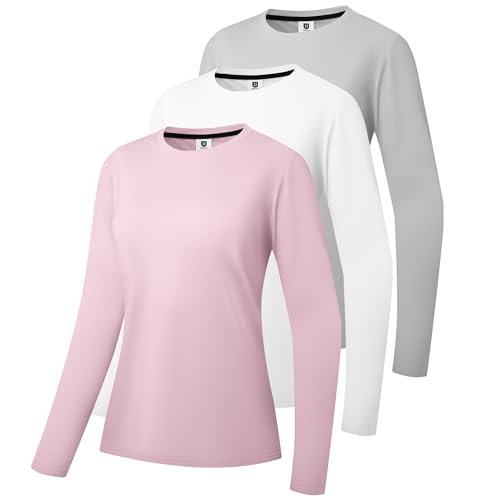 3er-Pack Damen Baumwoll Langarm T-Shirts Rundhalsausschnitt Feuchtigkeitstransportierende Shirts Bequeme Freizeit Oberteile Grau/Weiß/Rosa-03-XL von Holure