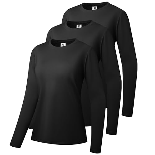 3er-Pack Damen Baumwoll Langarm T-Shirts Rundhalsausschnitt Feuchtigkeitstransportierende Shirts Bequeme Freizeit Oberteile Schwarz/Schwarz/Schwarz-05-2XL von Holure