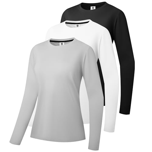 3er-Pack Damen Baumwoll Langarm T-Shirts Rundhalsausschnitt Feuchtigkeitstransportierende Shirts Bequeme Freizeit Oberteile Schwarz/Weiß/Grau-01-L von Holure