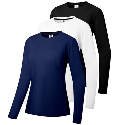 3er-Pack Damen Baumwoll Langarm T-Shirts Rundhalsausschnitt Feuchtigkeitstransportierende Shirts Bequeme Freizeit Oberteile Schwarz/Weiß/Navy-02-L von Holure