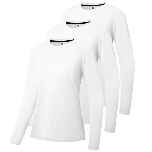 3er-Pack Damen Baumwoll Langarm T-Shirts Rundhalsausschnitt Feuchtigkeitstransportierende Shirts Bequeme Freizeit Oberteile Weiß/Weiß/Weiß-04-L von Holure