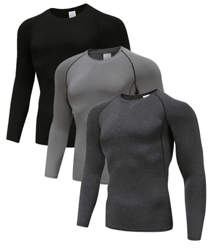 3er PackCompression Shirts für Männer Langarm Herren Running Top Quick Dry Base Layer Tops für Gym Sport Fitness Workout Schwarz/Grau/Charcoal-XL von Holure