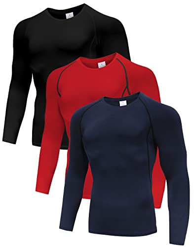 3er PackCompression Shirts für Männer Langarm Herren Running Top Quick Dry Base Layer Tops für Gym Sport Fitness Workout Schwarz/Rot/Navy-XL von Holure