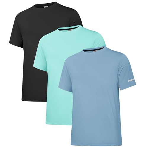 3er-Set Herren-Sonnenbekleidung UPF 50+ Sonnenbekleidung Herren-Kurzarm-T-Shirt Leichtes schnell trocknendes SPF UV-Schwimm-T-Shirt Schwarz/Cyan/Graublau 3P02-L von Holure