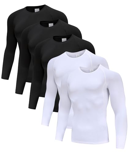 5er Pack Herren Kompression Tops Langarm Herren Running Tops Schnell trocknend unten Tops für Gym Workouts Schwarz/Schwarz/Schwarz/Weiß/Weiß/-XL von Holure