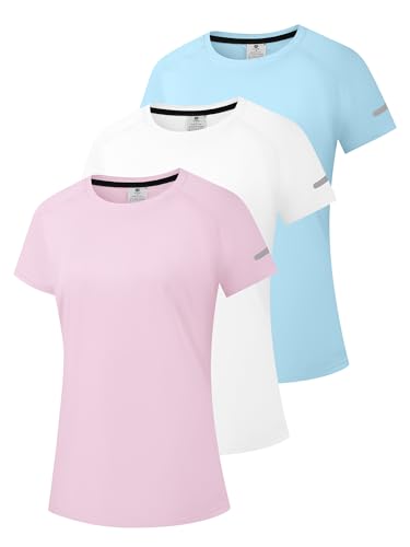 Damen Rash Guard UPF 50+ Sonnenschutz Kurz T-Shirts Leichte, schnell trocknende SPF UV Schwimm Shirts Rosa/Blau/Weiß 3P03-L von Holure