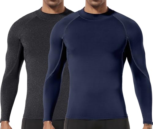 Herren (2er Pack) Kompression Langarm Stehkragen Wintersport Baselayer T-Shirts Tops Marine/Kohlenschwarz08-L von Holure